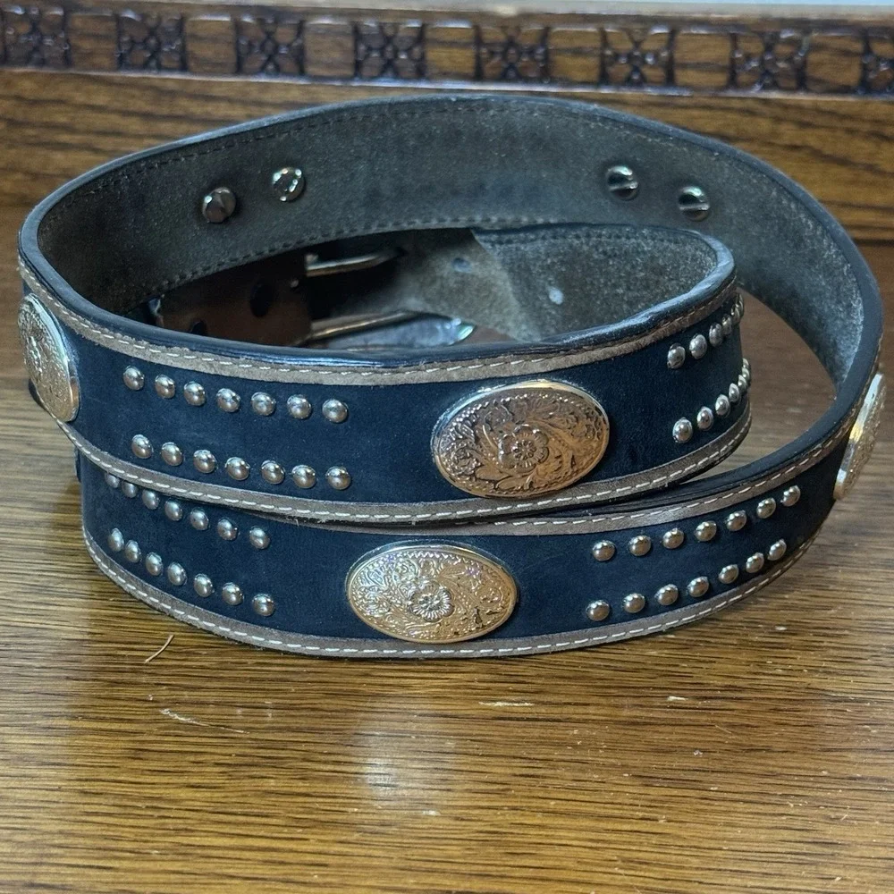 Men's Leather Western Studded Concho Belt Size 40 Black Brown Silver Tone Buckle
